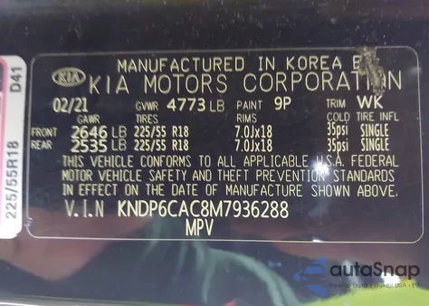 2021 Kia Sportage S из США, поврежденный, VIN KNDP6CAC8M7936288